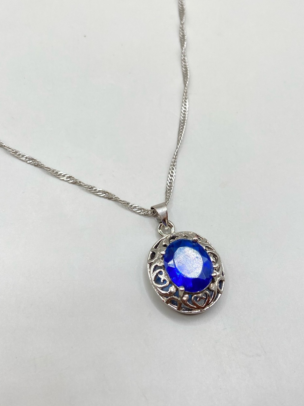 Silver Tone Oval Blue Gemstone Filigree Pendant Necklace